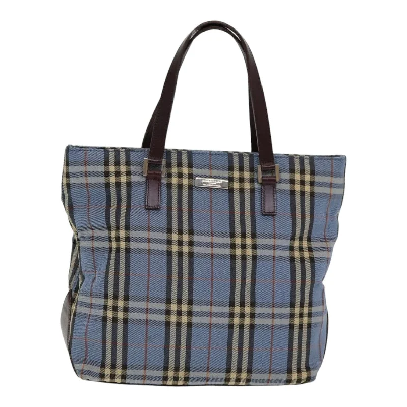 BURBERRY Nova Check Blue Label Hand Bag Nylon Blue Brown Silver  85542