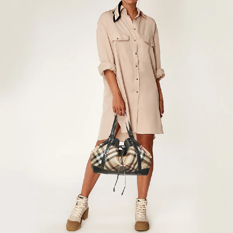 BURBERRY Metallic/Beige Nova Check Coated Canvas and Patent Leather Beaton Drawstring Bag