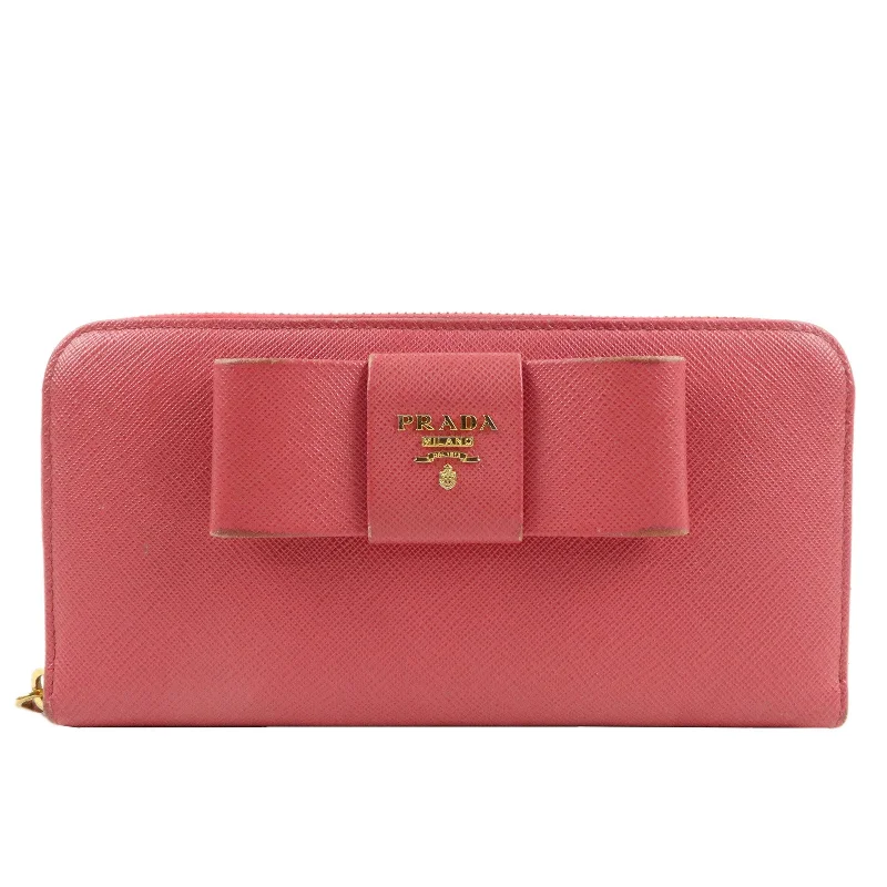 PRADA Saffiano Leather Ribbon Round Zipper Long Pink Wallet