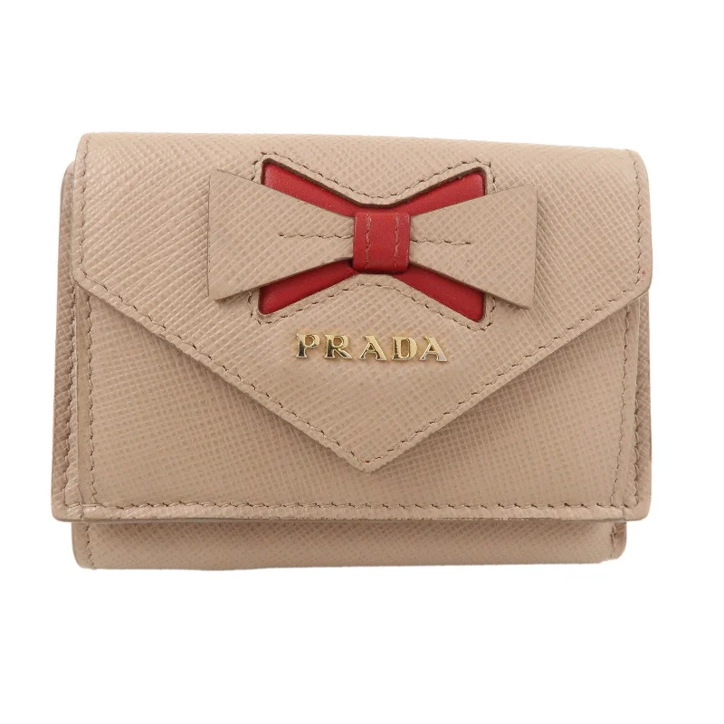 PRADA Saffiano Leather Trifold Wallet Pink Beige Red Ribbon 1MH021