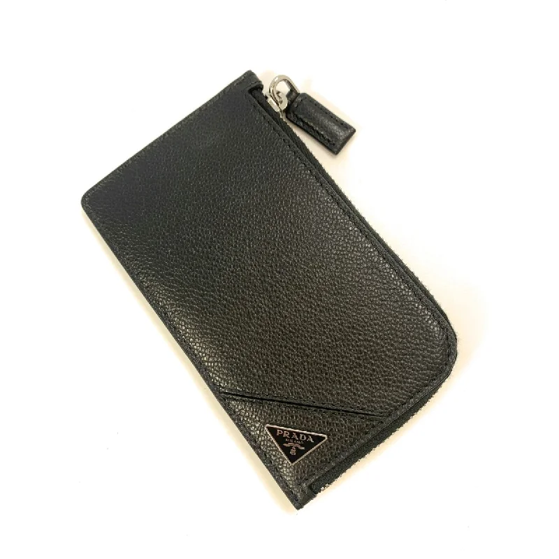 Prada Men's Vitello Micro Grain Black Leather Zipper Card Case Wallet 2MC021