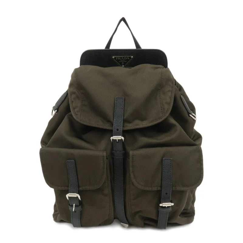 PRADA Logo Nylon Leather Backpack Rucksack Khaki Black