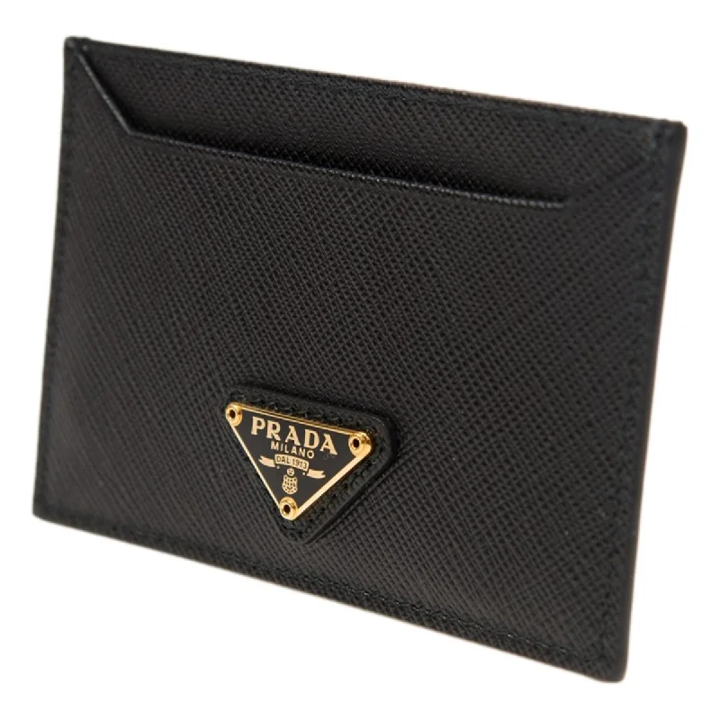 Prada Saffiano Leather Black Gold Triangle Logo Card Holder 1MC208