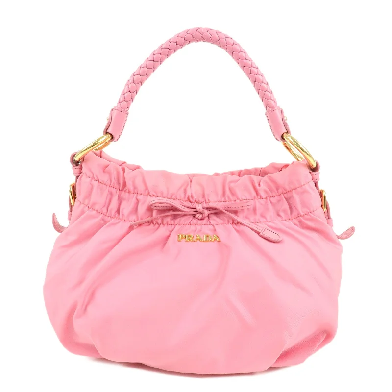 PRADA Nylon Leather Gather Shoulder Bag Hand Bag Pink BR4237