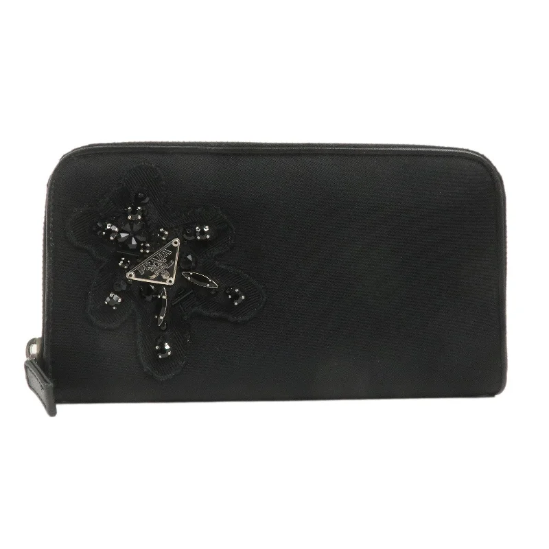 PRADA Evening Bear Nylon Leather Zippy Long Wallet Black