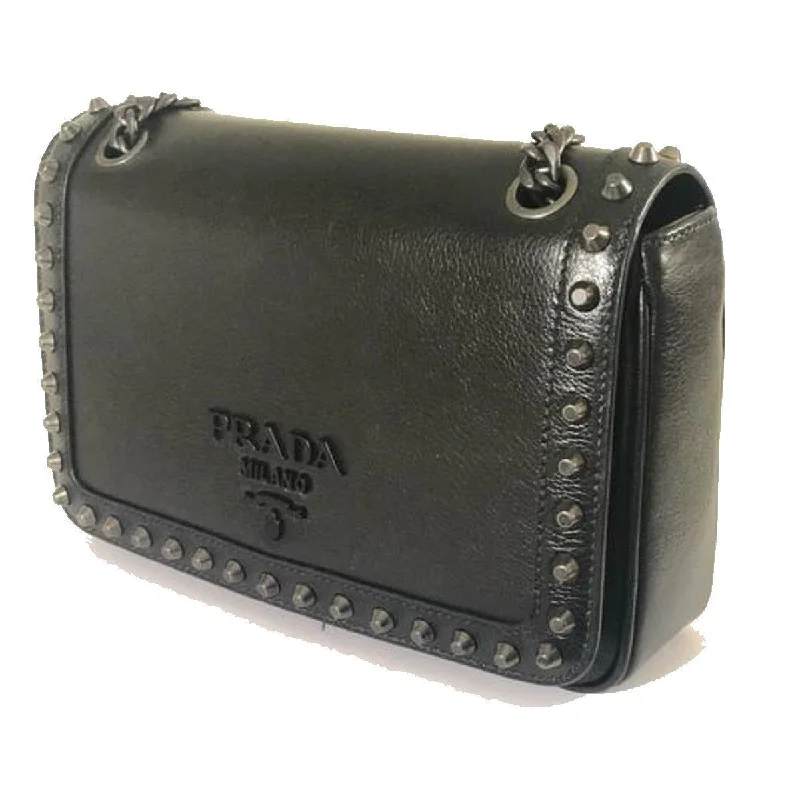 Prada Pattina Glace Calf Leather Nero Black Pattina Studded Bag 1BD147